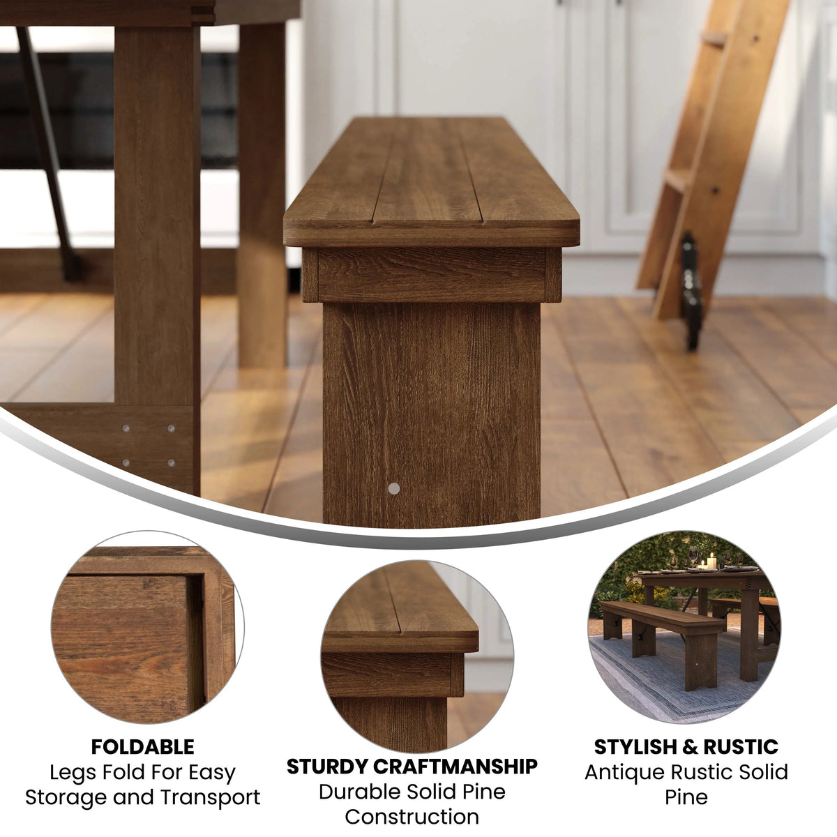 Antique Rustic Solid Pine Folding Farm Bench J8851
