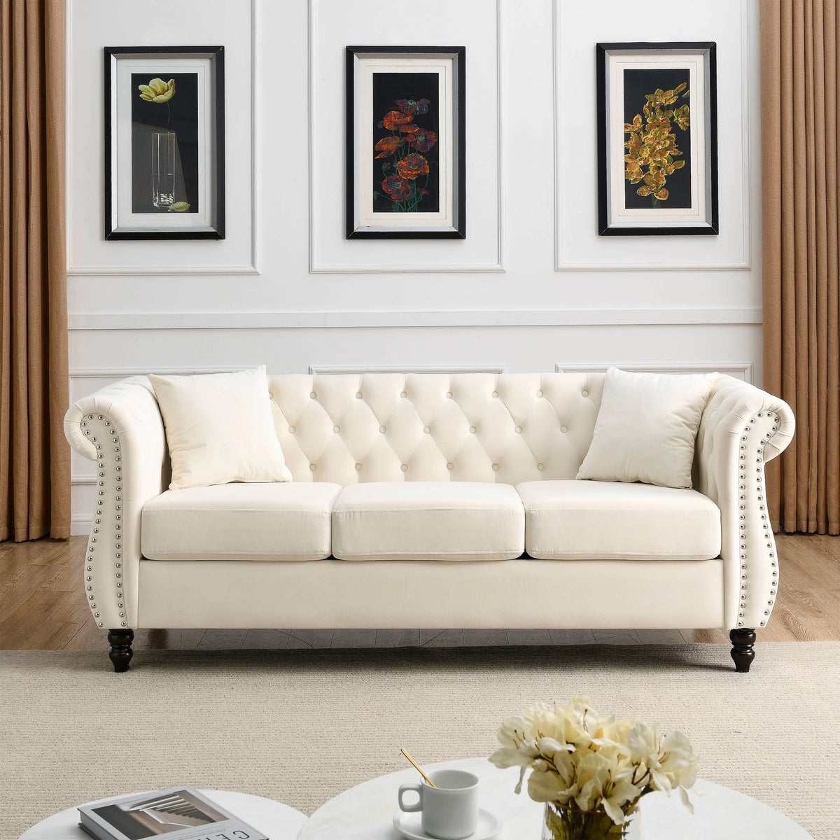 80" Velvet Tufted 3 Seats Sofa with Two Pillows F54685