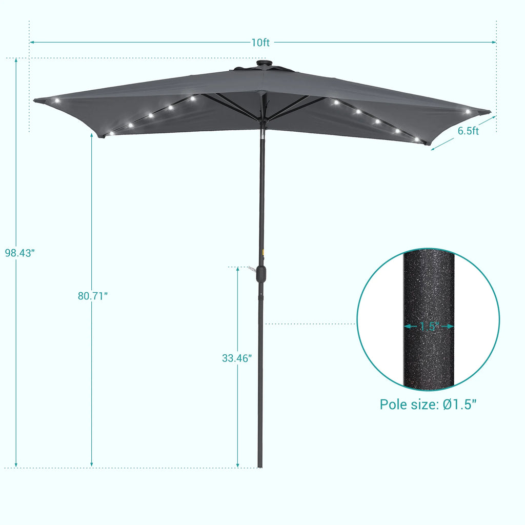10 x 6.5ft LED Solar Patio Umbrella with Non-Fading Canopy D76071