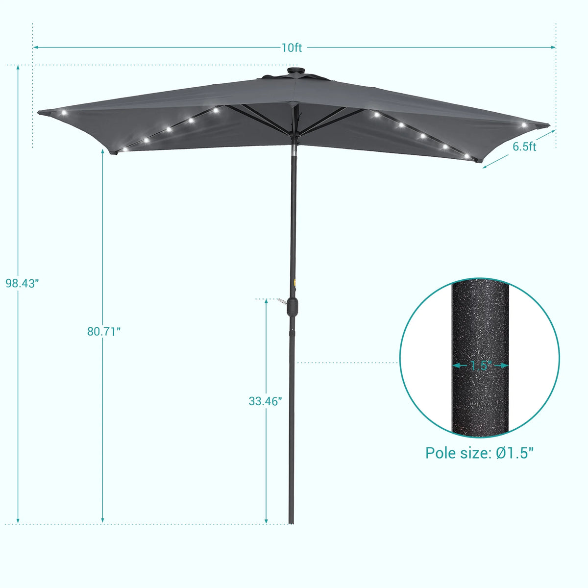 10 x 6.5ft LED Solar Patio Umbrella with Non-Fading Canopy D76071