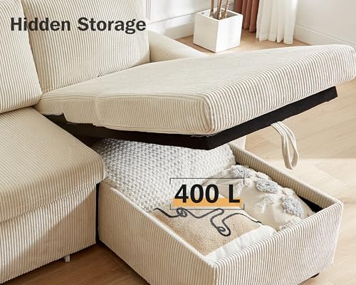 Beige Corduroy L Shaped Sleeper Sofa with Storage Chaise G43945