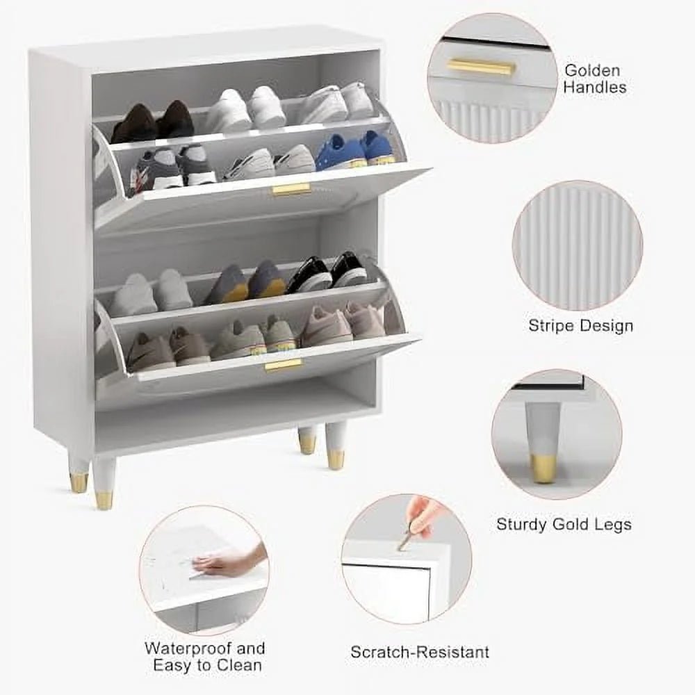 White Slim Shoe Cabinet with Doors I4309