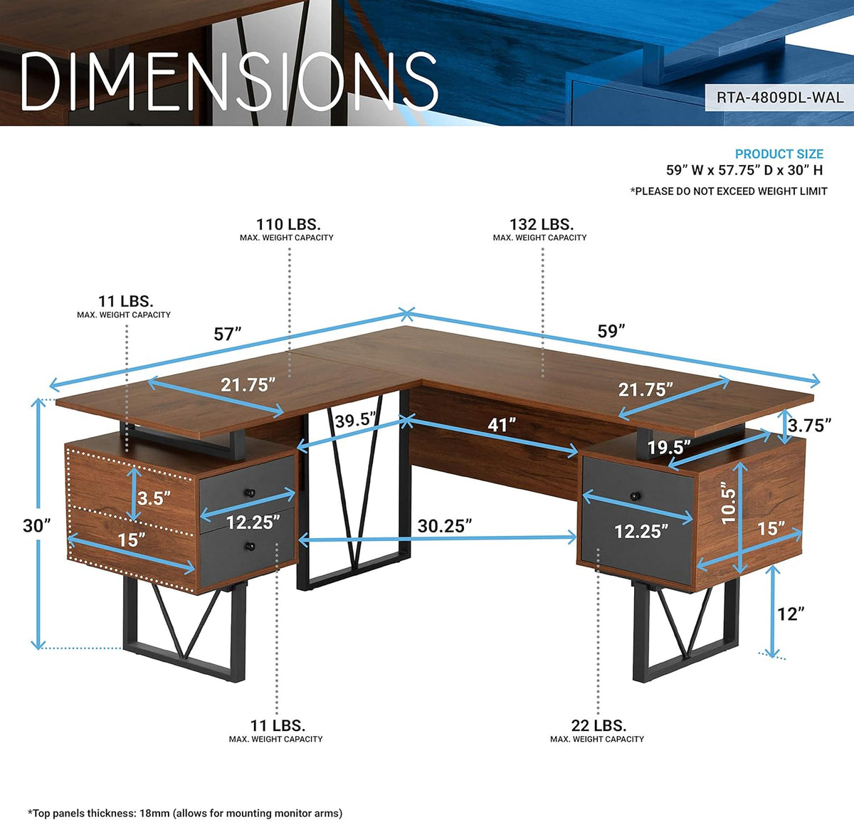 L-Shape Computer Desk with Drawers and File Cabinet, Walnut Q285043