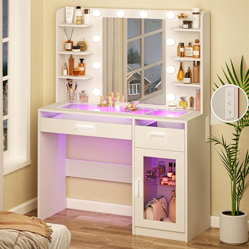 White Vanity Desk with Mirror and Lights T42536