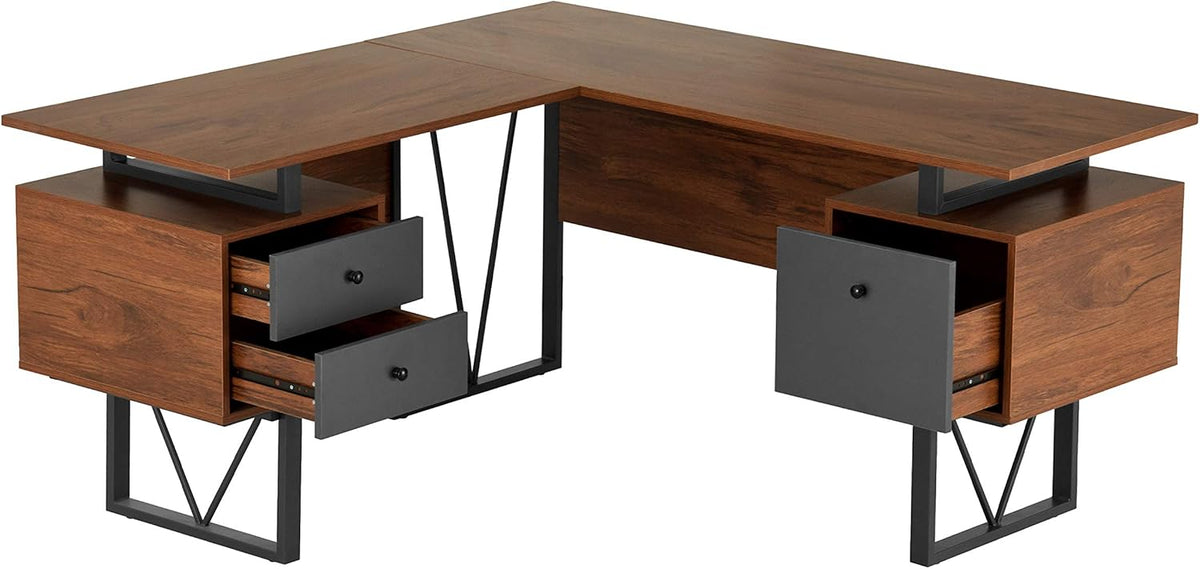 L-Shape Computer Desk with Drawers and File Cabinet, Walnut Q285043