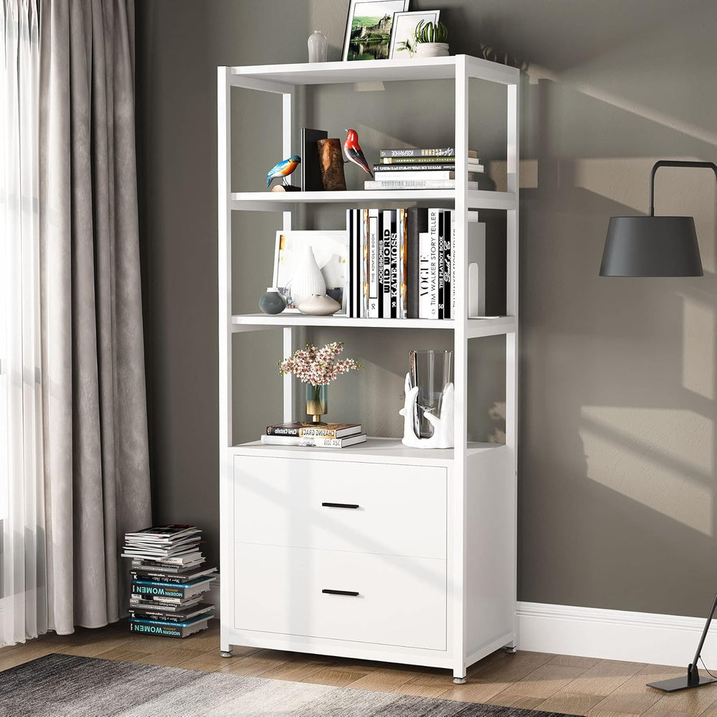 4-Tier White Bookshelf with 2 Drawers O69143