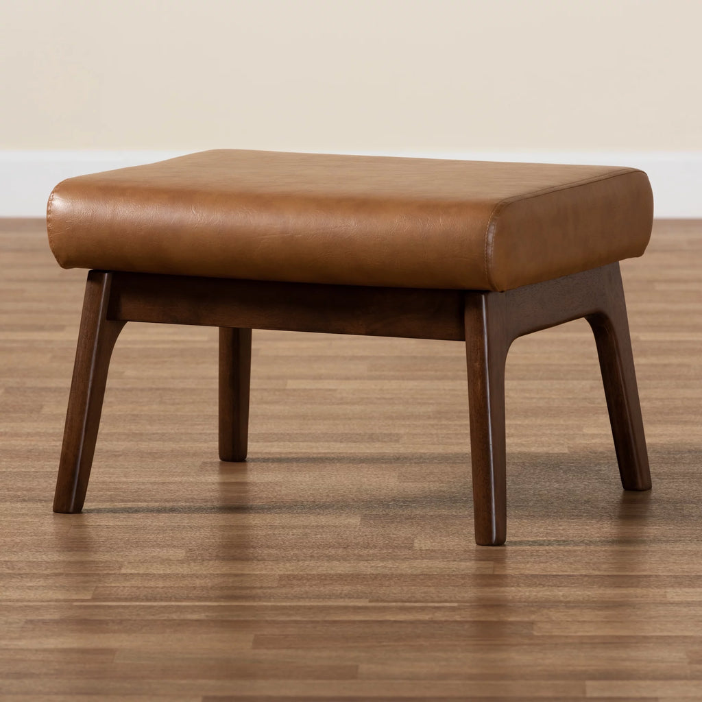 Walnut Brown Wood and Tan Faux Leather Ottoman W9222