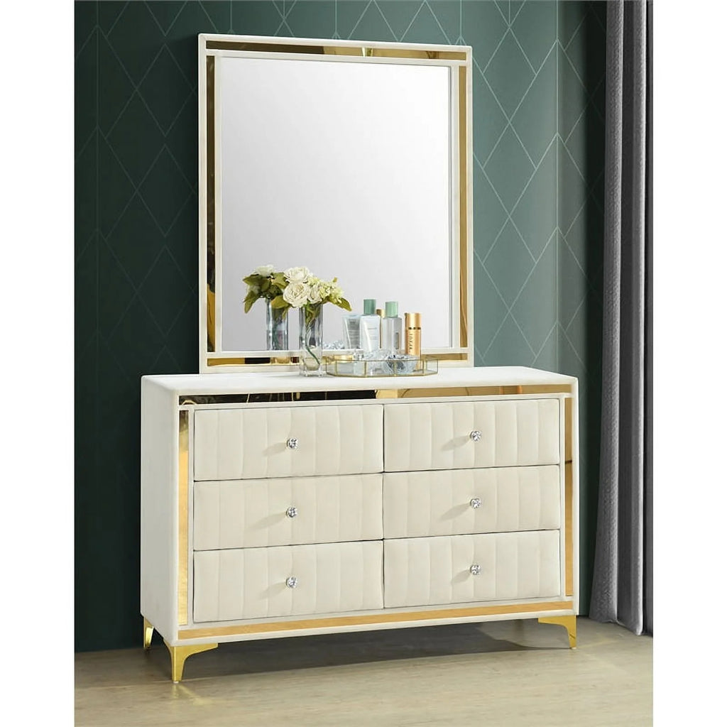 Velvet 6 Drawer Dresser with Mirror and Gold Legs in Cream M366