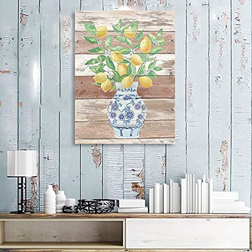 Lemon Wall Art Print Yellow Fruit White Flower Green Leaves Blue And White Porcelain Vase Unframed V254258