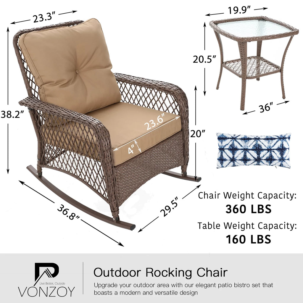 3-Piece Wicker Outdoor Rocking Chairs with Cushions and Table P340