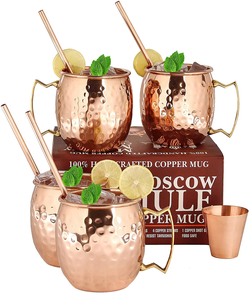 4 Handcrafted Copper Mugs & 4 Copper Straws & Shot Glass S407987