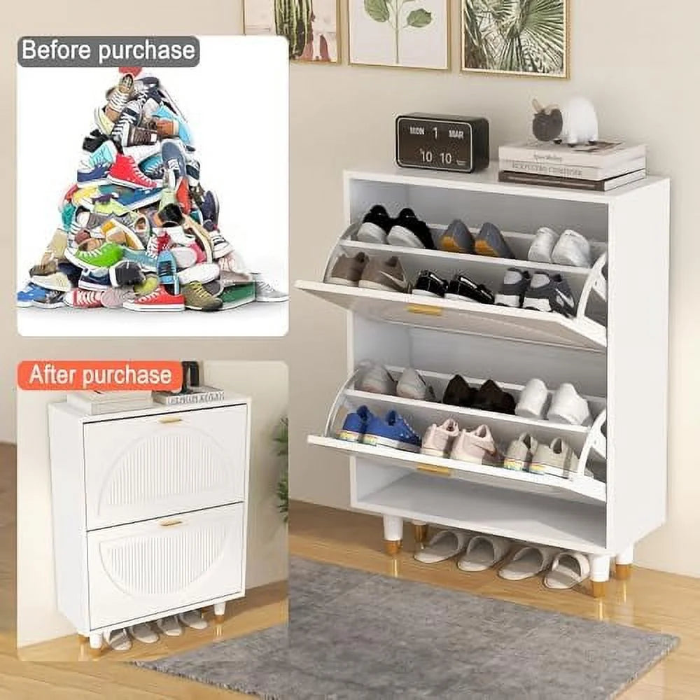 White Slim Shoe Cabinet with Doors I4309