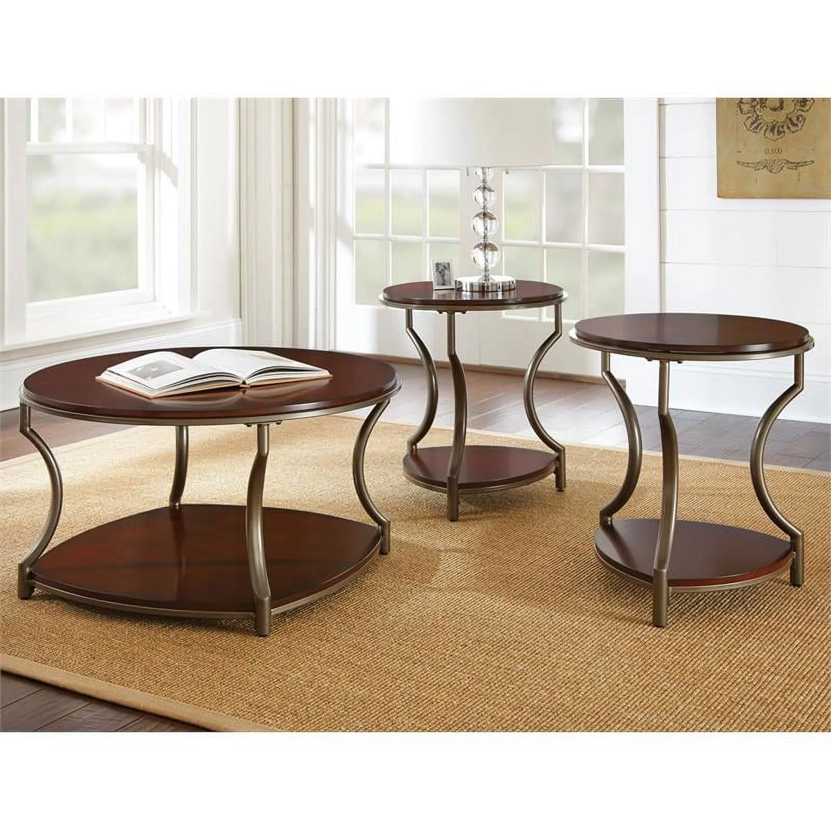 Cherry Finish Wood and Metal Round End Table I2539