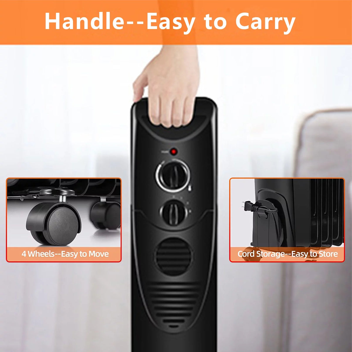 Oil Filled Radiator Heater Portable Electric Heater with 3 Heat Settings Black T625935