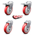 Polyurethane Swivel Caster Set of 4 with 5 inch Red Wheels C44160