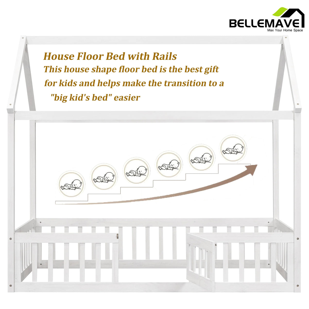 Twin House Floor Bed with Rails and Door A495306