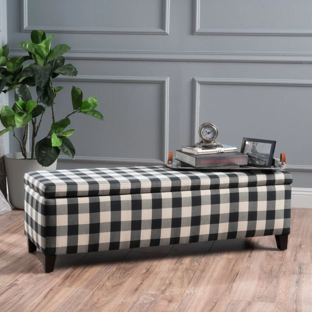 Black Checkerboard Fabric Storage Ottoman C711754
