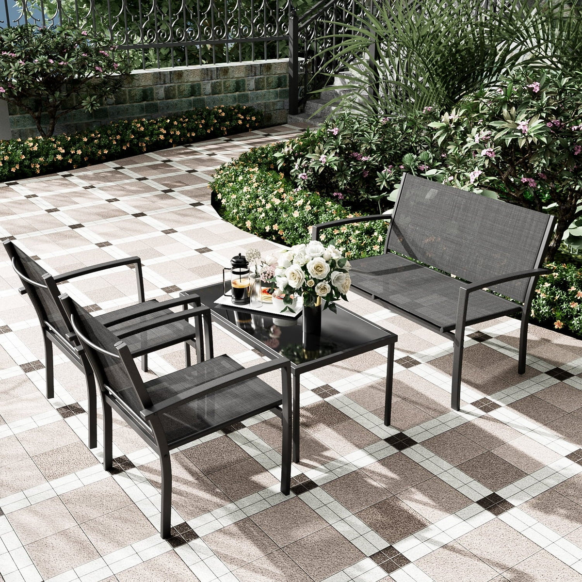 4 Pieces Textilene Steel Outdoor Furniture Set with Loveseat Tea Table I831178