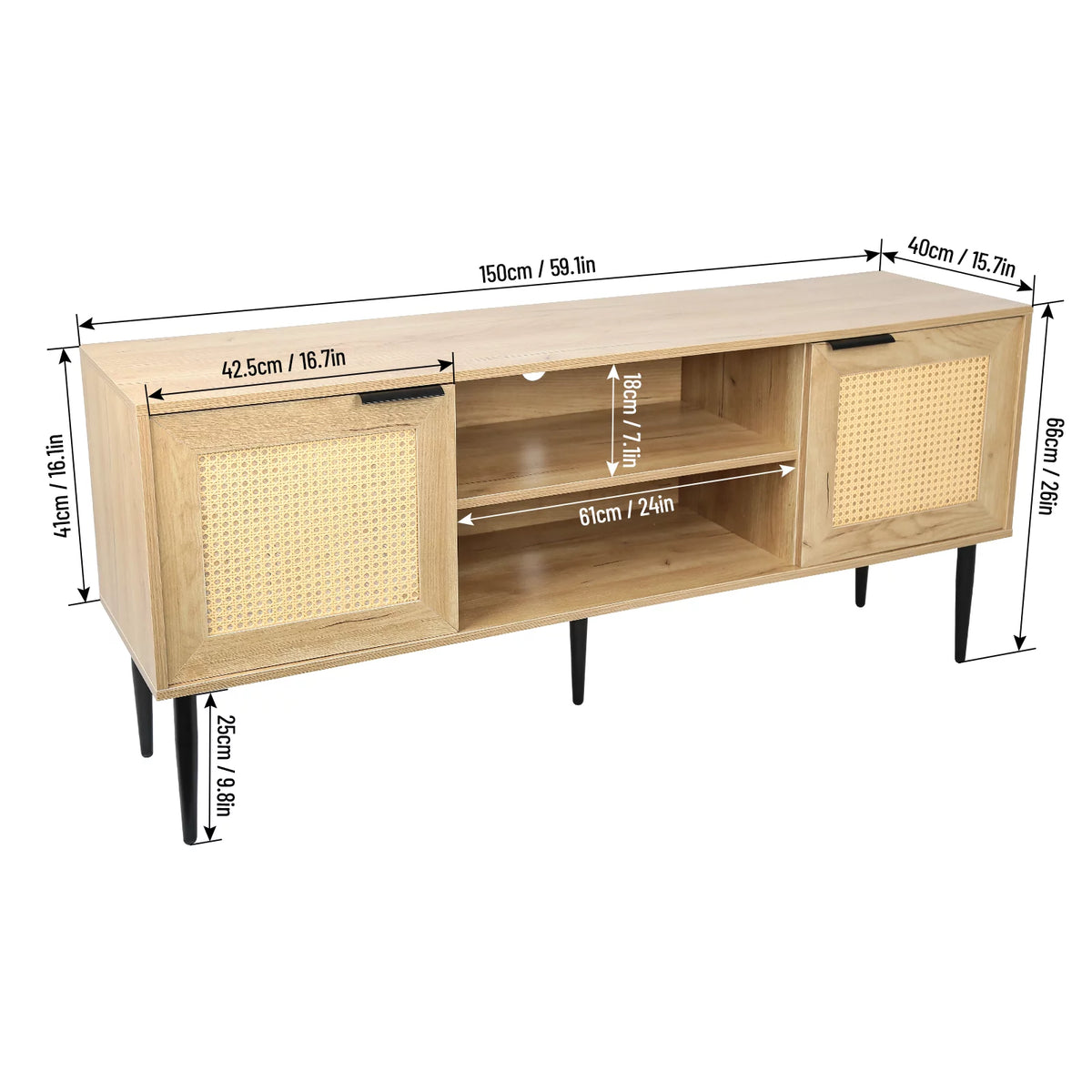Wooden TV Stand with 2 Cabinet Open Shelves F6674