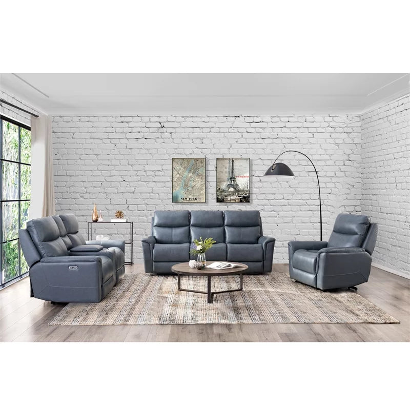 Blue Grey Leather Power Motion Sofa Y7290