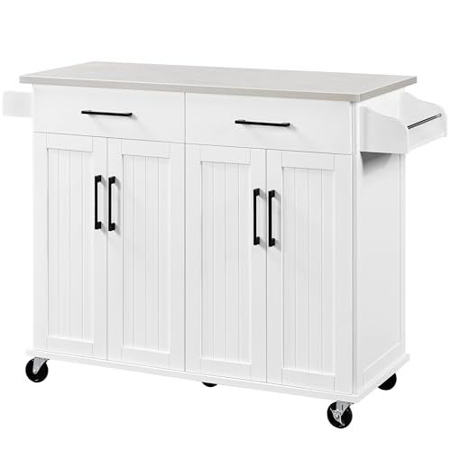 White Kitchen Island Cart with Stainless Steel Countertop Z71983