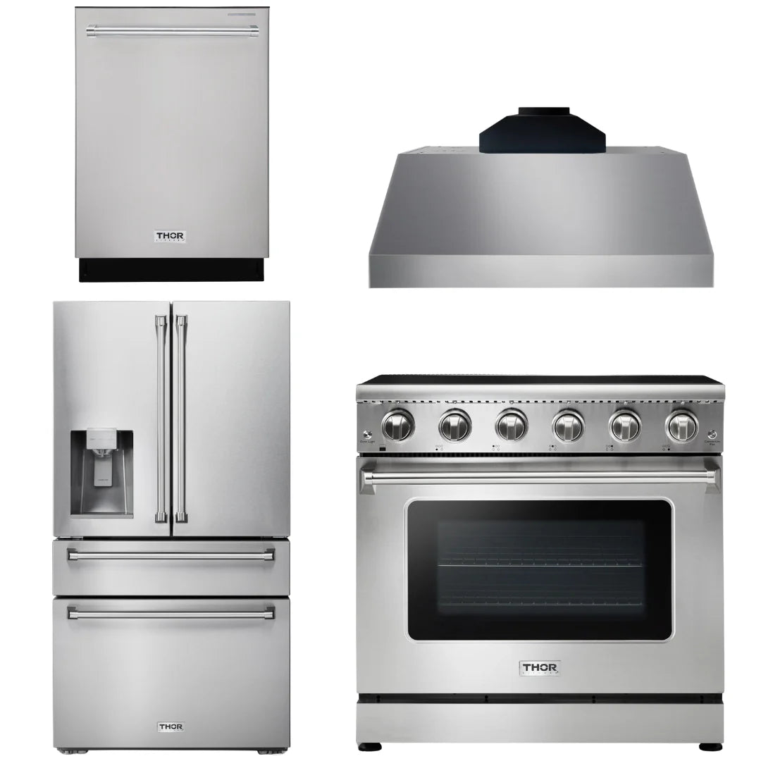 36 Electric Range, Range Hood, Refrigerator with Water and Ice Dispenser, Dishwasher O590