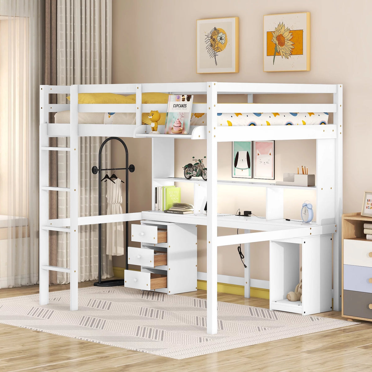 White Full Size Loft Bed with Desk W993048