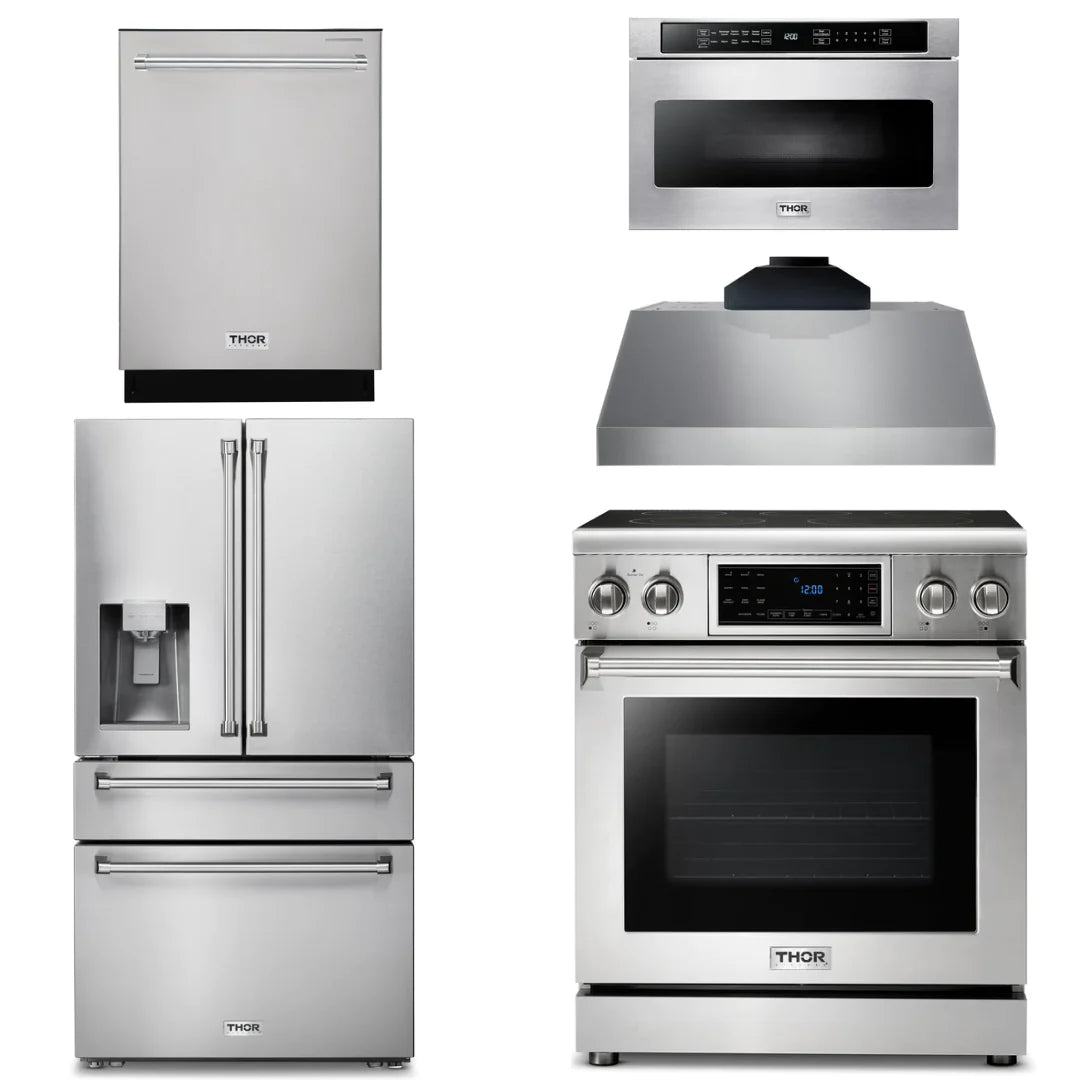 30 Electric Range, Range Hood, Microwave, Refrigerator with Water and Ice Dispenser, Dishwasher F250