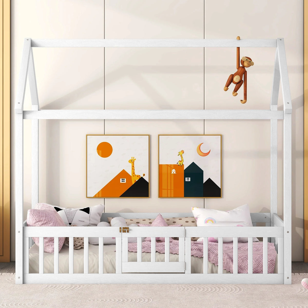 Twin House Floor Bed with Rails and Door A495306