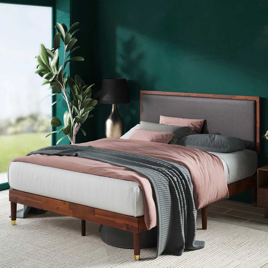 Queen Wood Platform Bed Frame with Adjustable Upholstered Headboard B8067