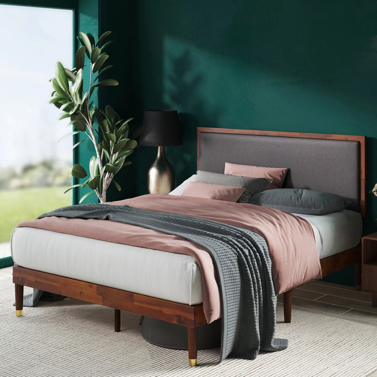 Queen Wood Platform Bed Frame with Adjustable Upholstered Headboard B8067