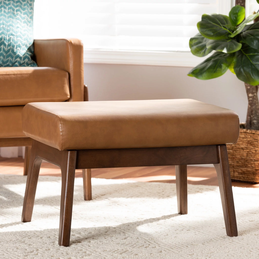 Walnut Brown Wood and Tan Faux Leather Ottoman W9222