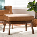 Walnut Brown Wood and Tan Faux Leather Ottoman W9222