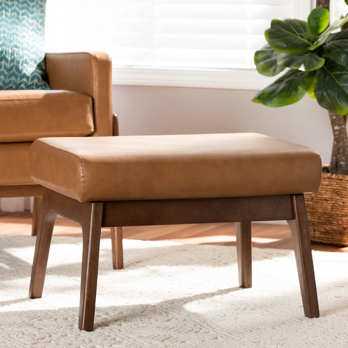 Walnut Brown Wood and Tan Faux Leather Ottoman W9222