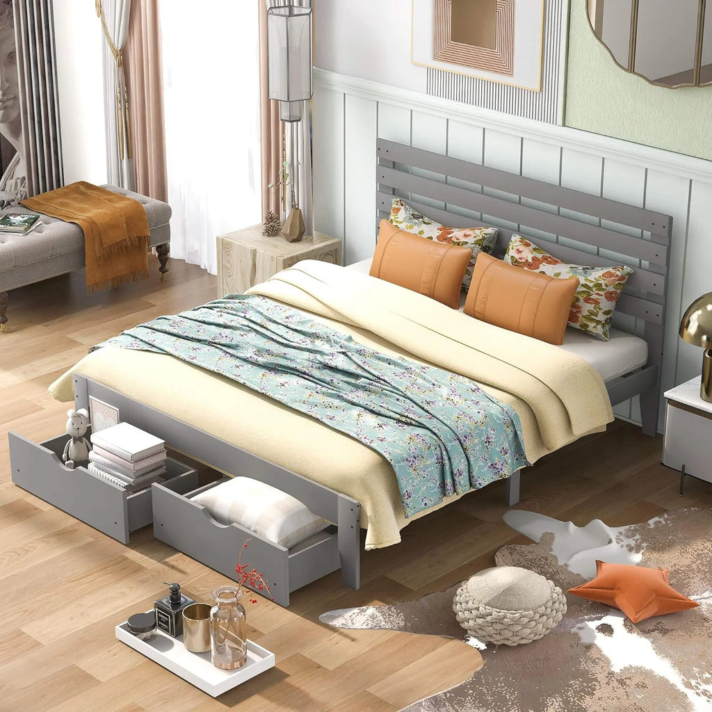 Queen Wood Platform Bed Frame with Storage Drawers and Headboard X6385