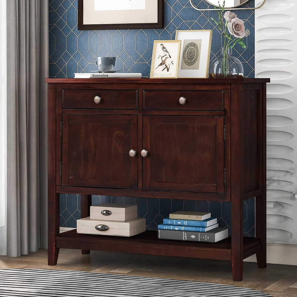 Espresso Wood Console Table with 2 Drawers 2 Cabinets 1 Shelf E959