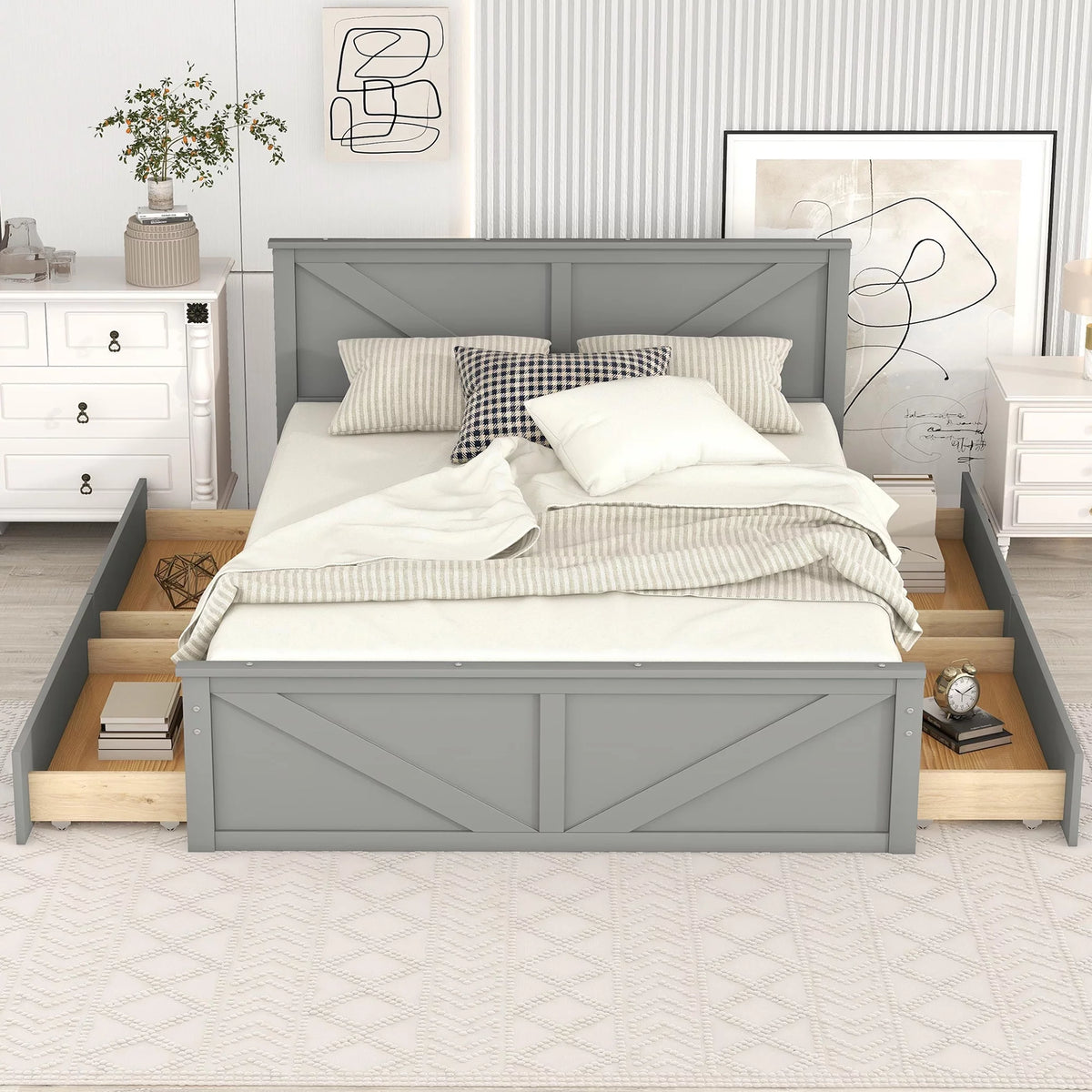 Wood Queen Bed Frame with 4 Storage Drawers G245