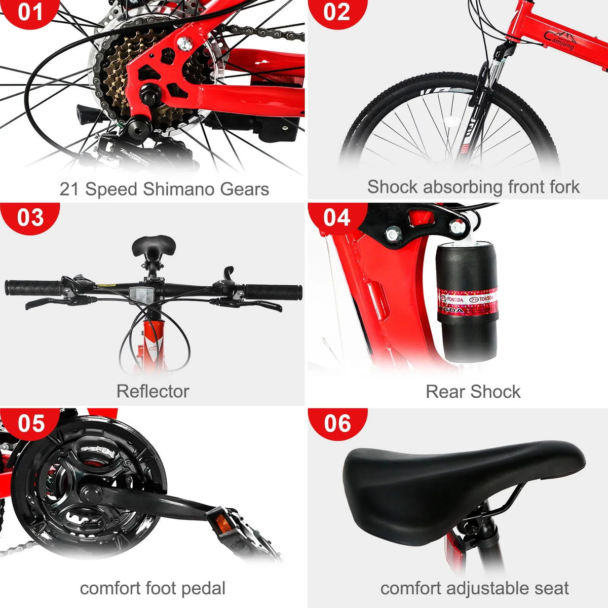 Folding Mountain Bike 21-Speed 26 inch Wheels Red C7726