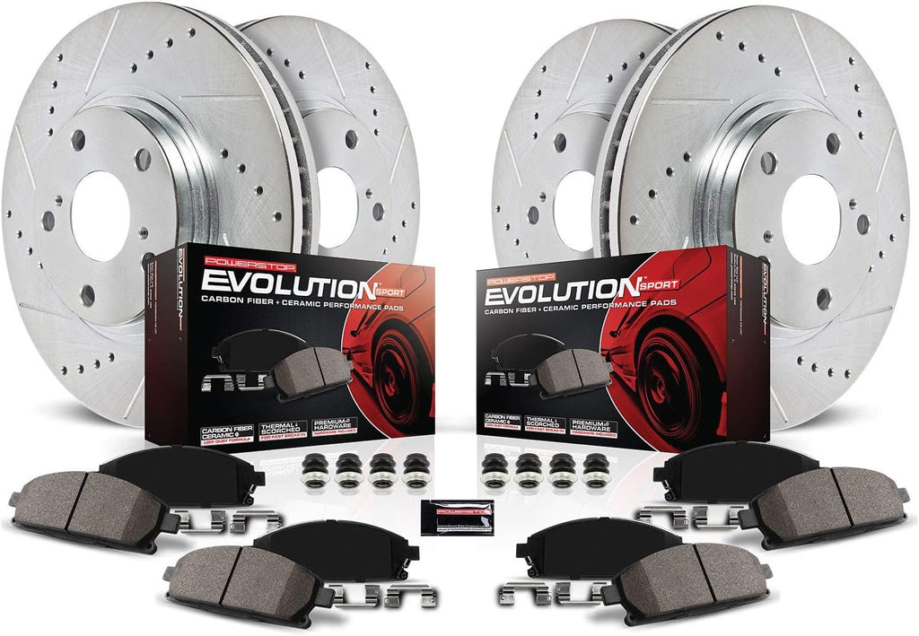Front and Rear Carbon Fiber Brake Pads with Drilled & Slotted Brake Rotors Kit J392