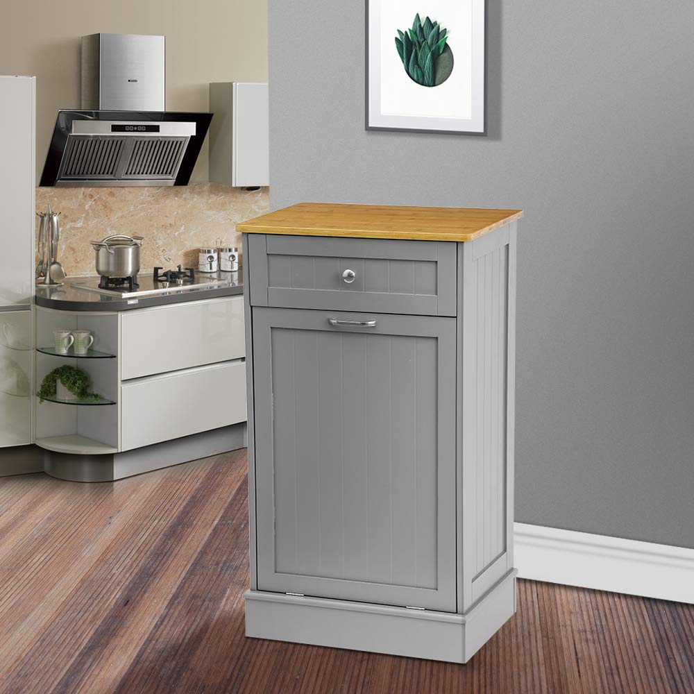 Grey Wooden Tilt Out Trash Cabinet with Cutting Board F43743