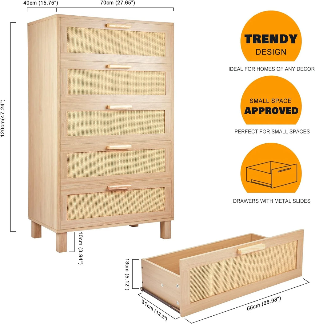 Oak 5 Drawer Rattan Dresser M784830