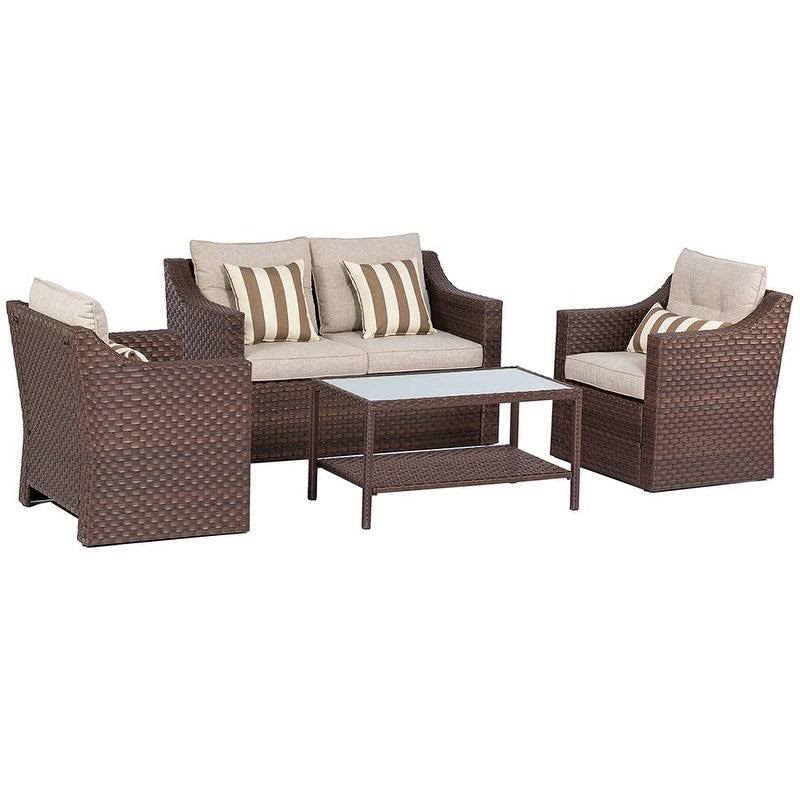 4-Piece All Weather Wicker Patio Furniture Set with Glass Coffee Table W56483