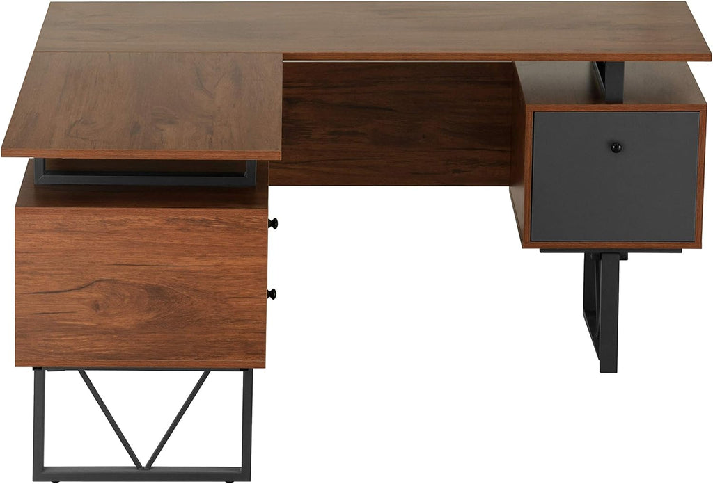 L-Shape Computer Desk with Drawers and File Cabinet, Walnut Q285043
