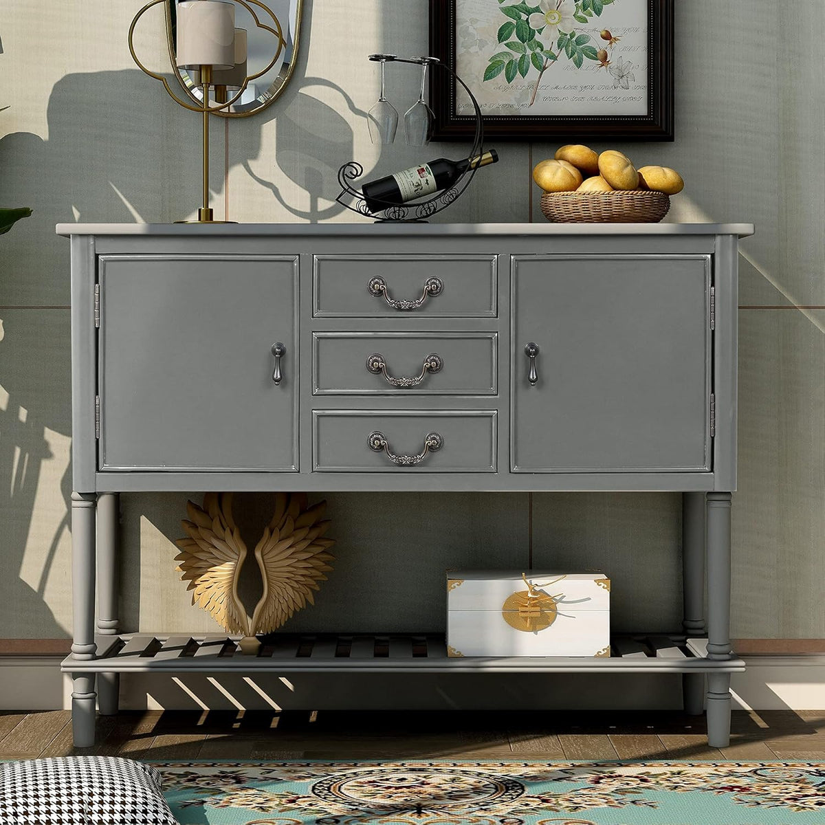 Espresso Wood Console Table with 2 Drawers 2 Cabinets 1 Shelf E959