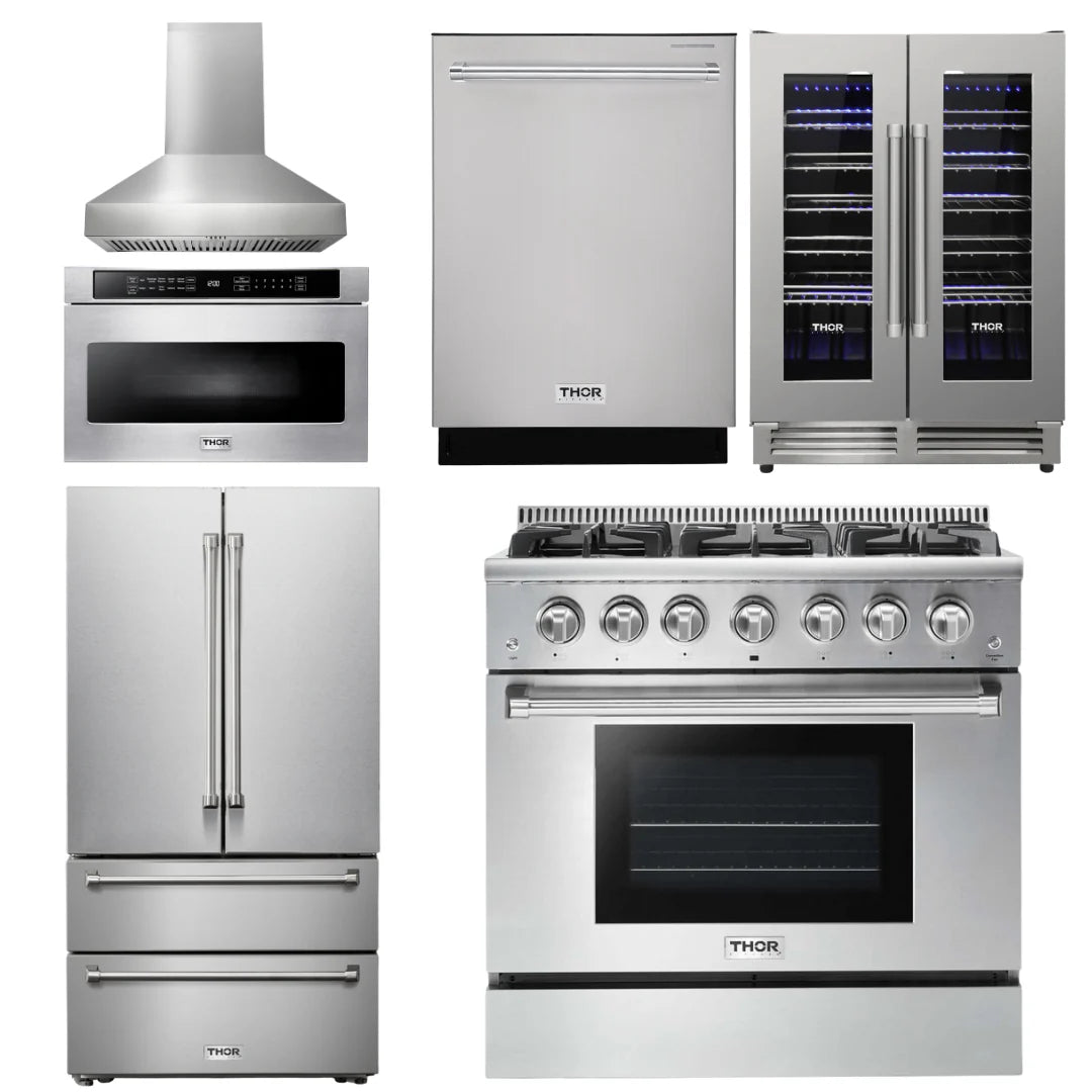 36 Propane Gas Range, Range Hood, Microwave, Refrigerator, Dishwasher, Wine Cooler A731