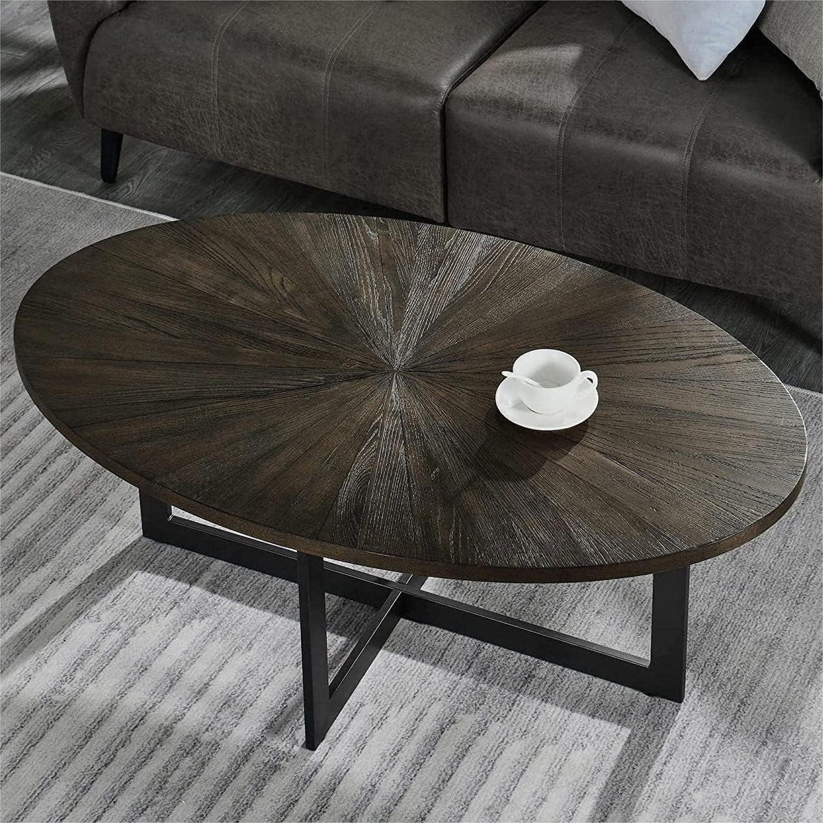 Solid Wood Oval Coffee Table with Cross Metal Legs Brown J5779
