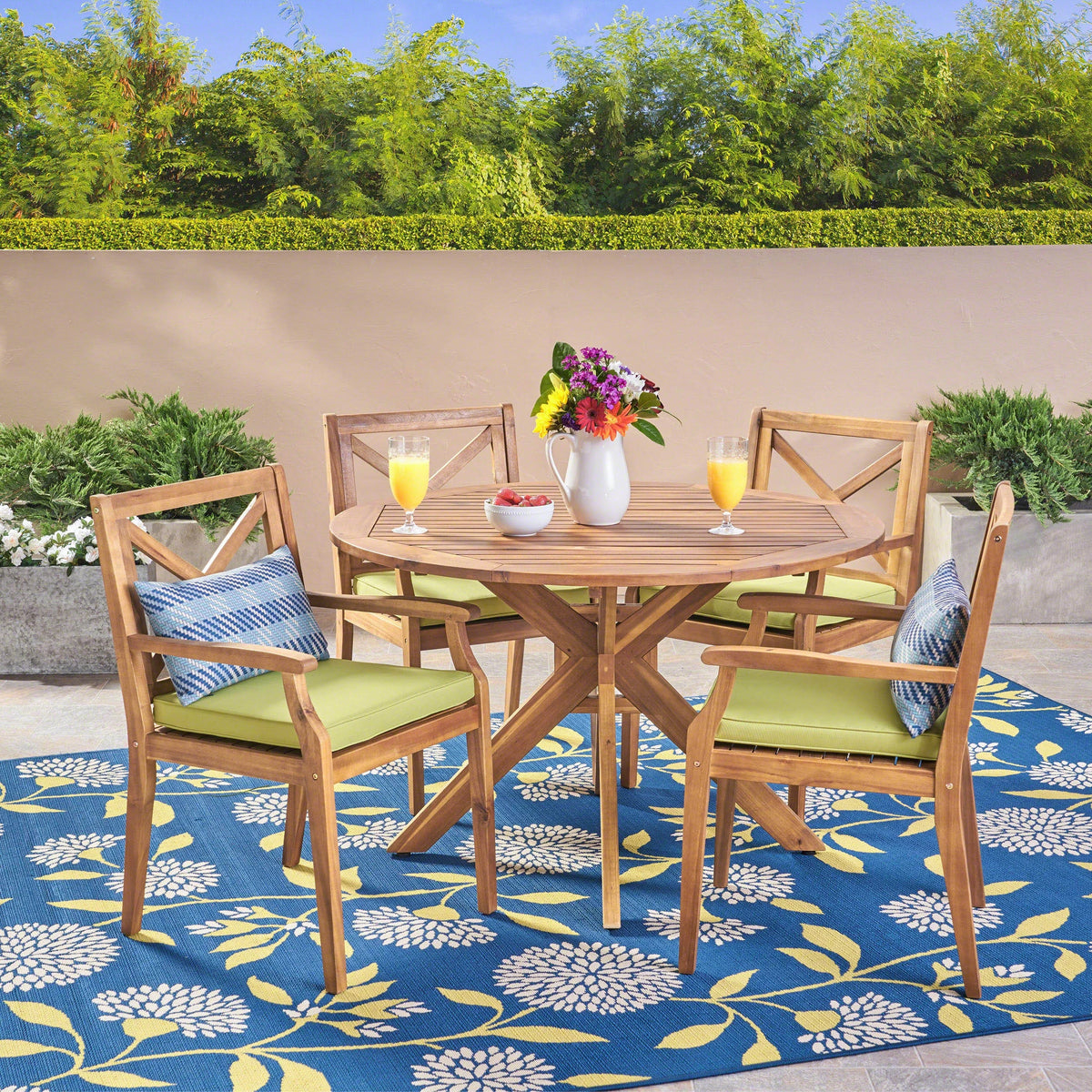 5 Piece Acacia Wood Round Dining Set with Cushions Z77399