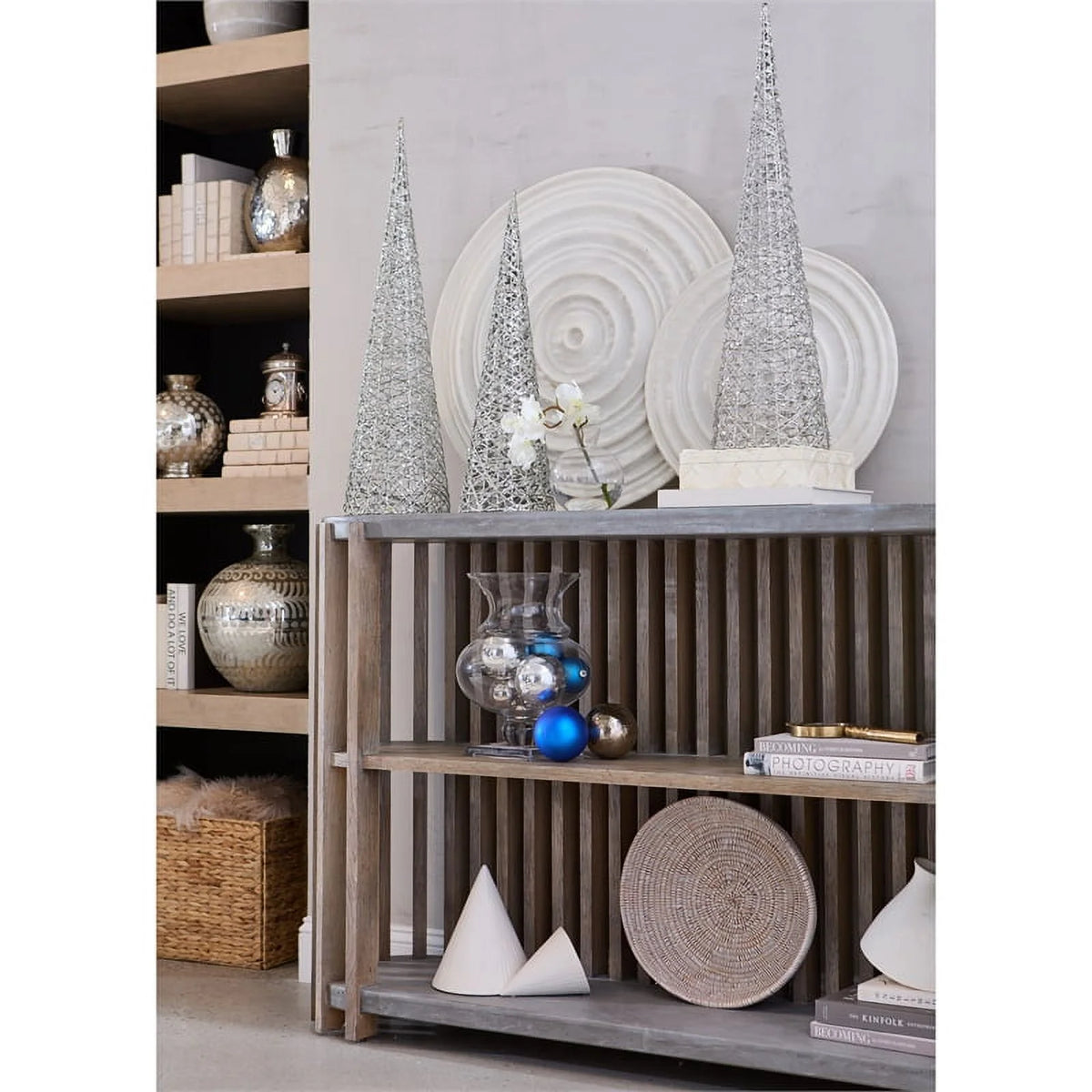 Wood Slat Display Console with Concrete Top I581735