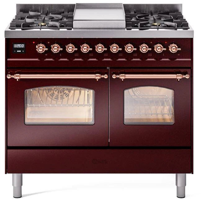 40 Dual Fuel Natural Gas Range in Burgundy with Copper Trim H346