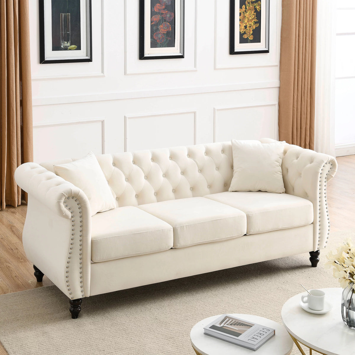 80" Velvet Tufted 3 Seats Sofa with Two Pillows F54685